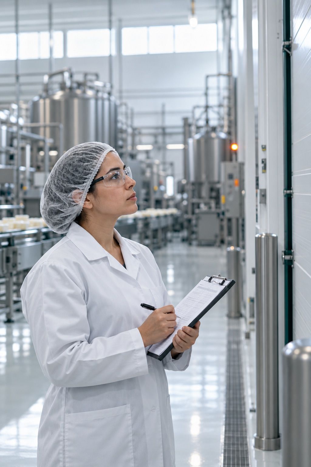 Auditora de calidad revisando una checklist de inspección en una planta de alimentos