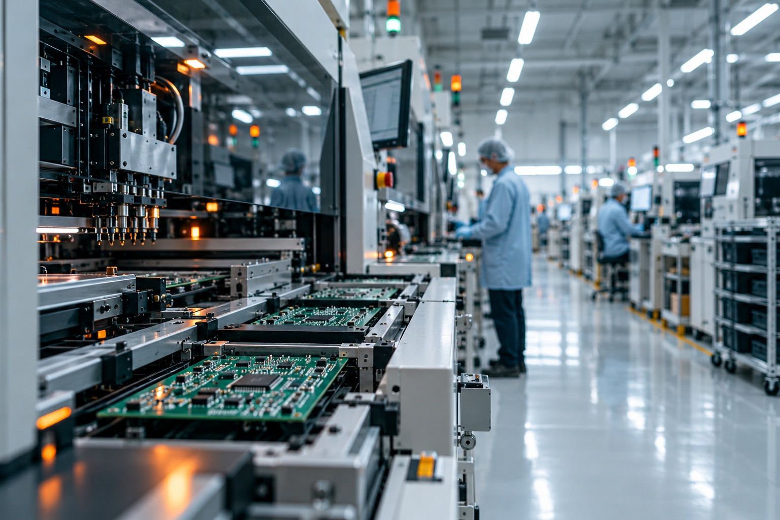 Línea de ensamble de tarjetas electrónicas en una planta de manufactura
