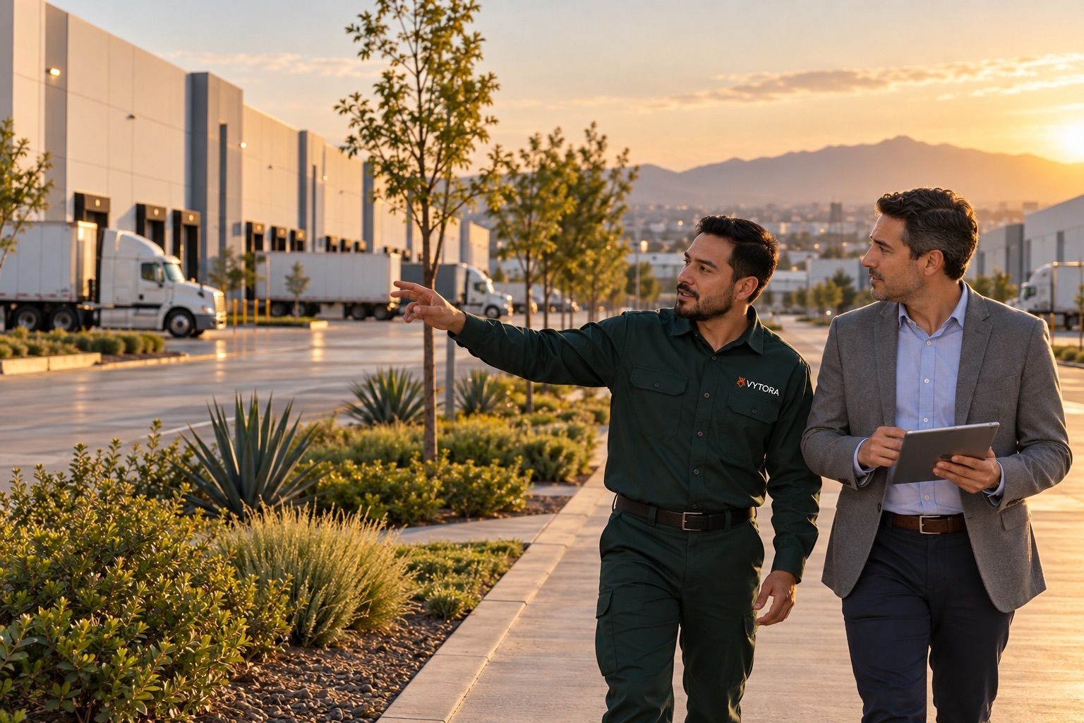 Técnico de Vytora recorriendo un parque industrial con su administrador