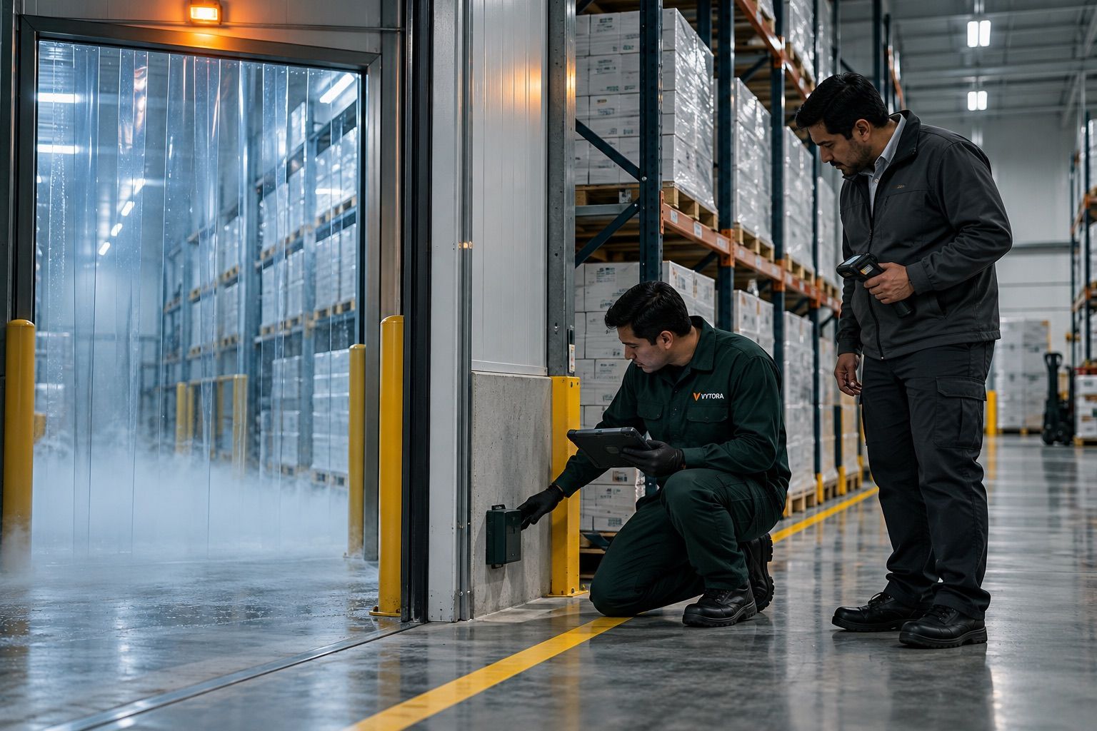 Técnico de Vytora revisando una estación de control junto a la cámara fría de Impotrade