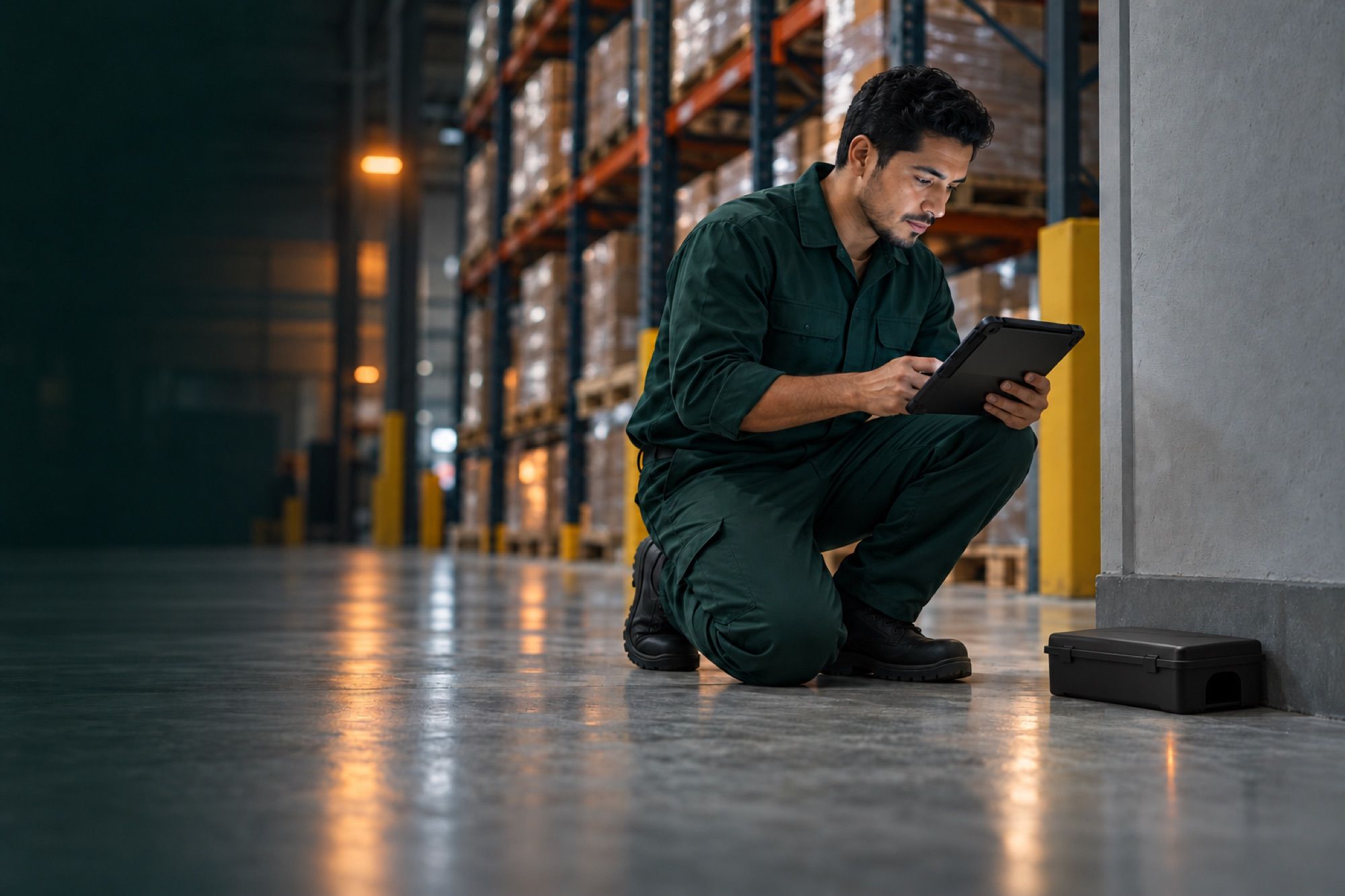 Técnico titular de Vytora revisando una estación de control con su tablet en una bodega