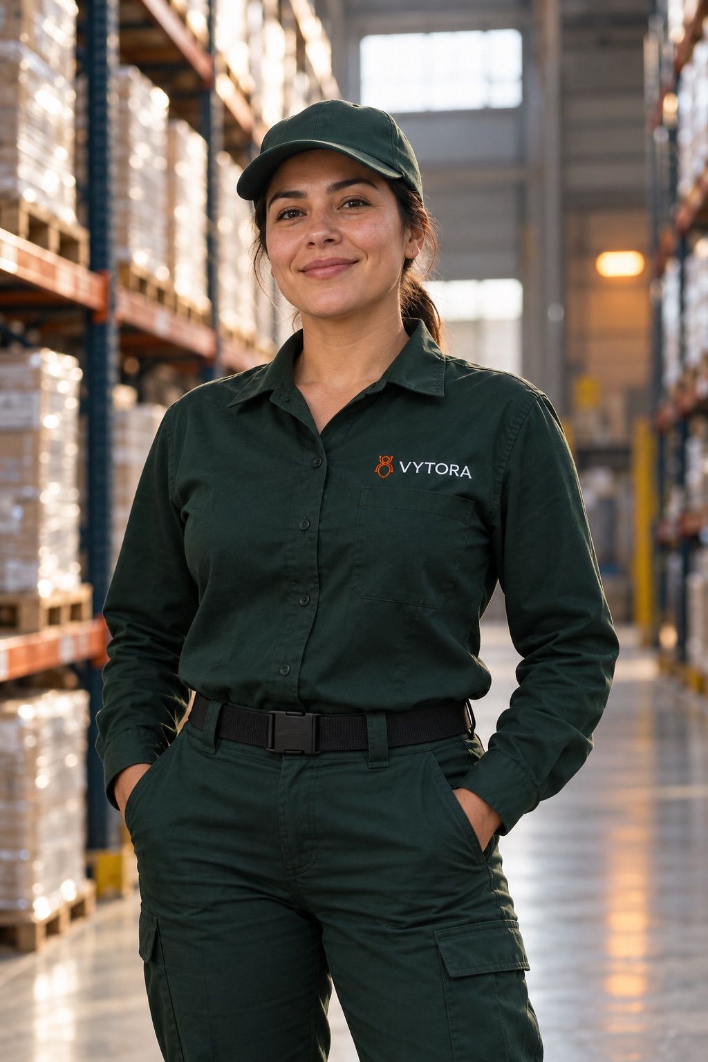 Técnica de Vytora con uniforme verde en un centro de distribución
