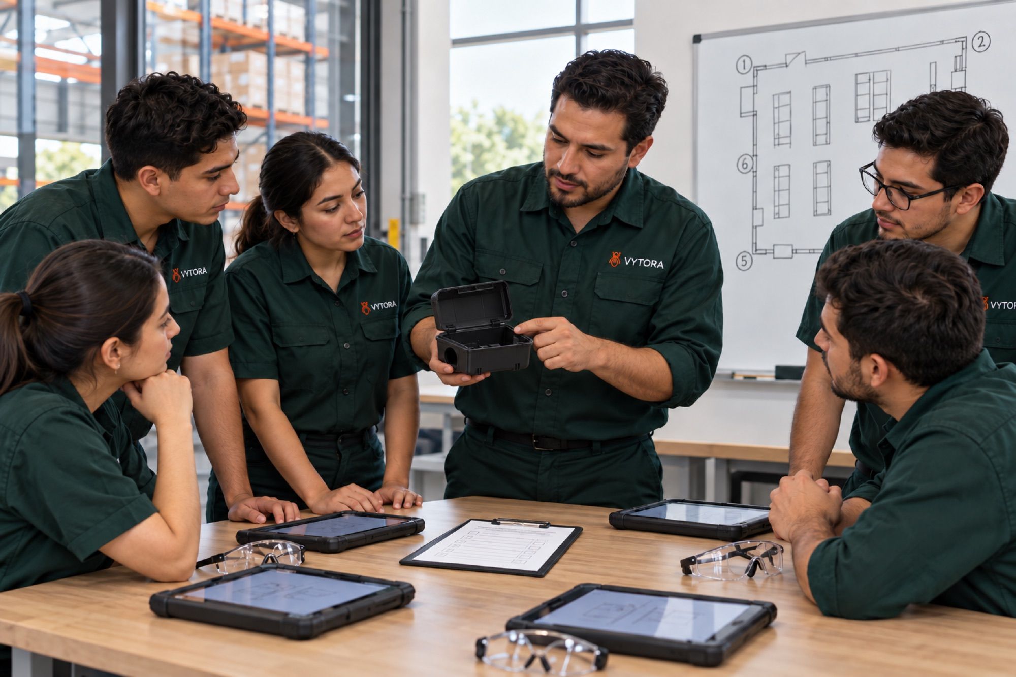 Instructor de Vytora mostrando una estación de control a un grupo de técnicos durante una capacitación interna
