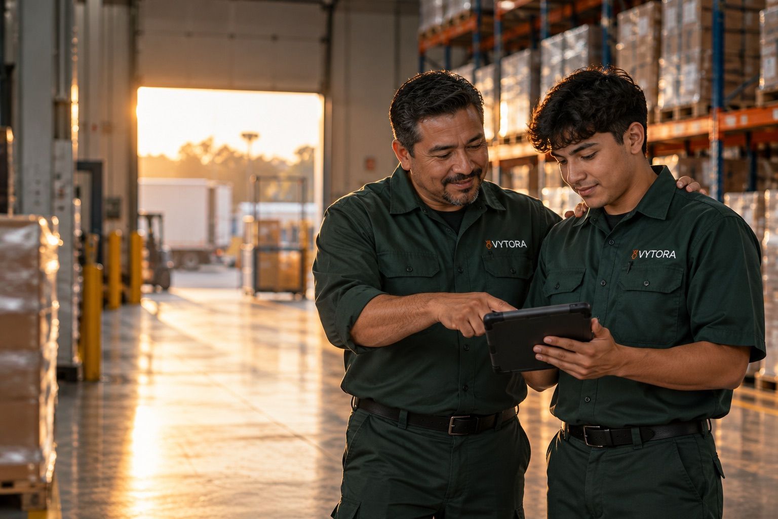 Supervisor de Vytora guiando a un técnico joven con una tablet