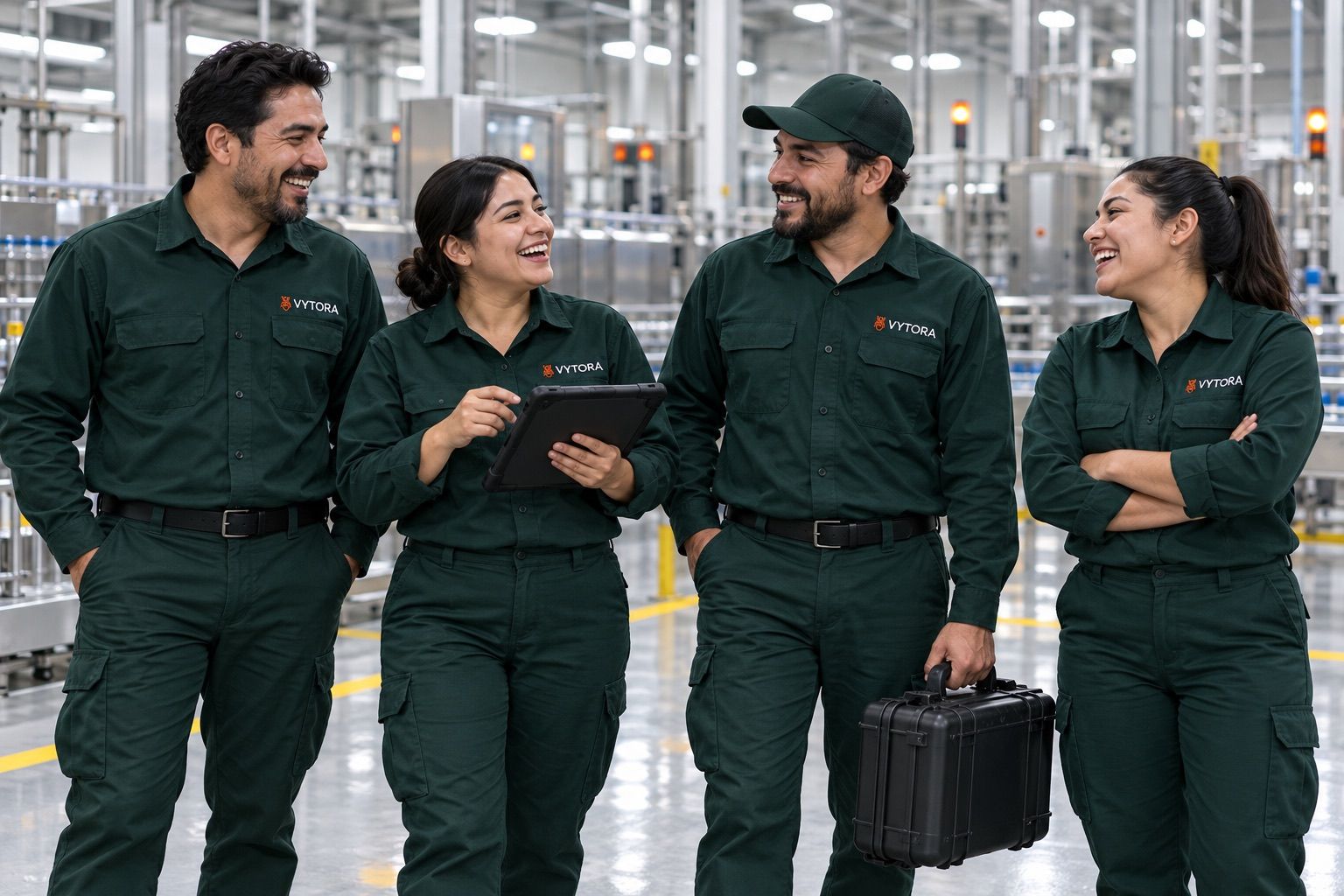 Equipo de técnicos de Vytora con uniforme verde dentro de una planta de manufactura