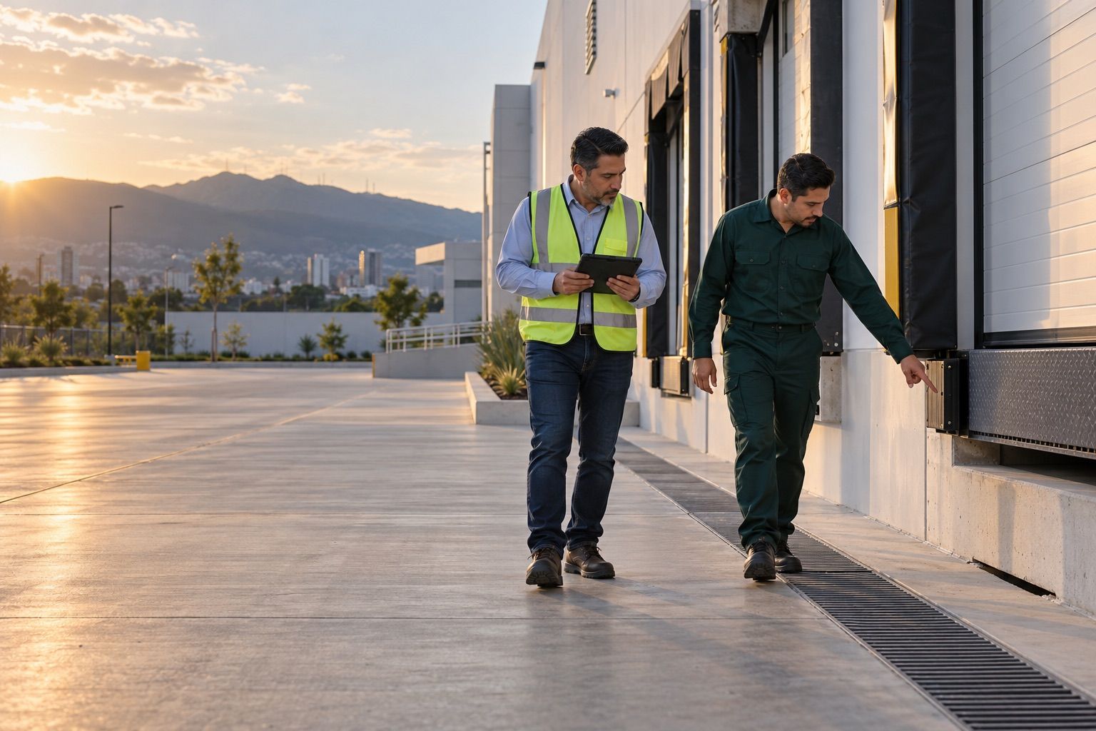 Técnico de Vytora y gerente de operaciones recorriendo el perímetro de una bodega durante el Análisis de Riesgo 360