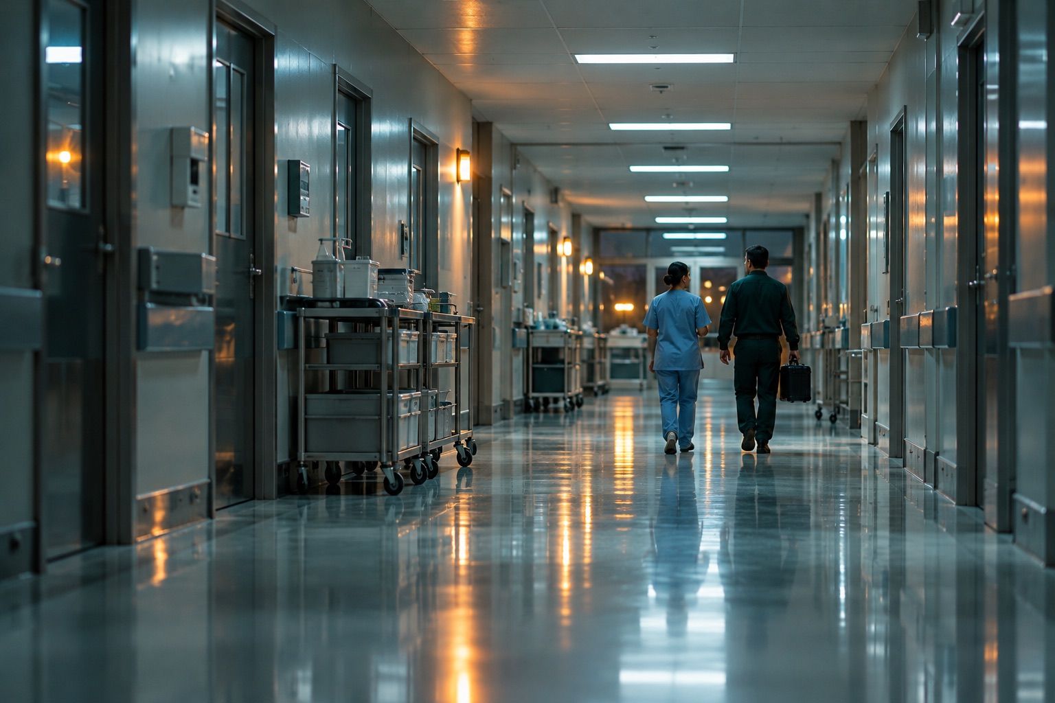 Pasillo de servicio de un hospital con técnico de Vytora
