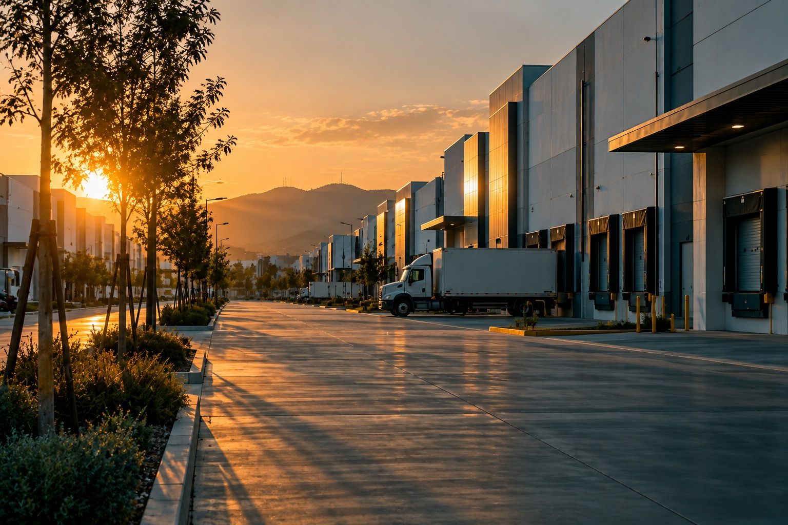 Parque industrial al atardecer en Guadalajara