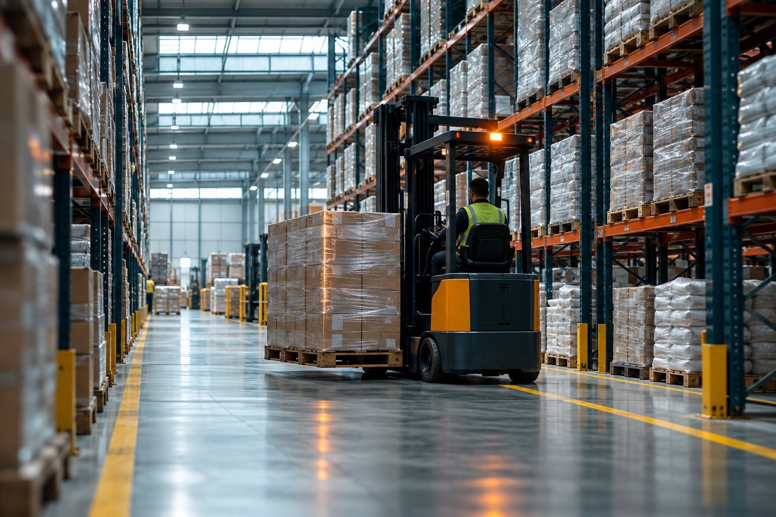 Centro de distribución con montacargas entre racks