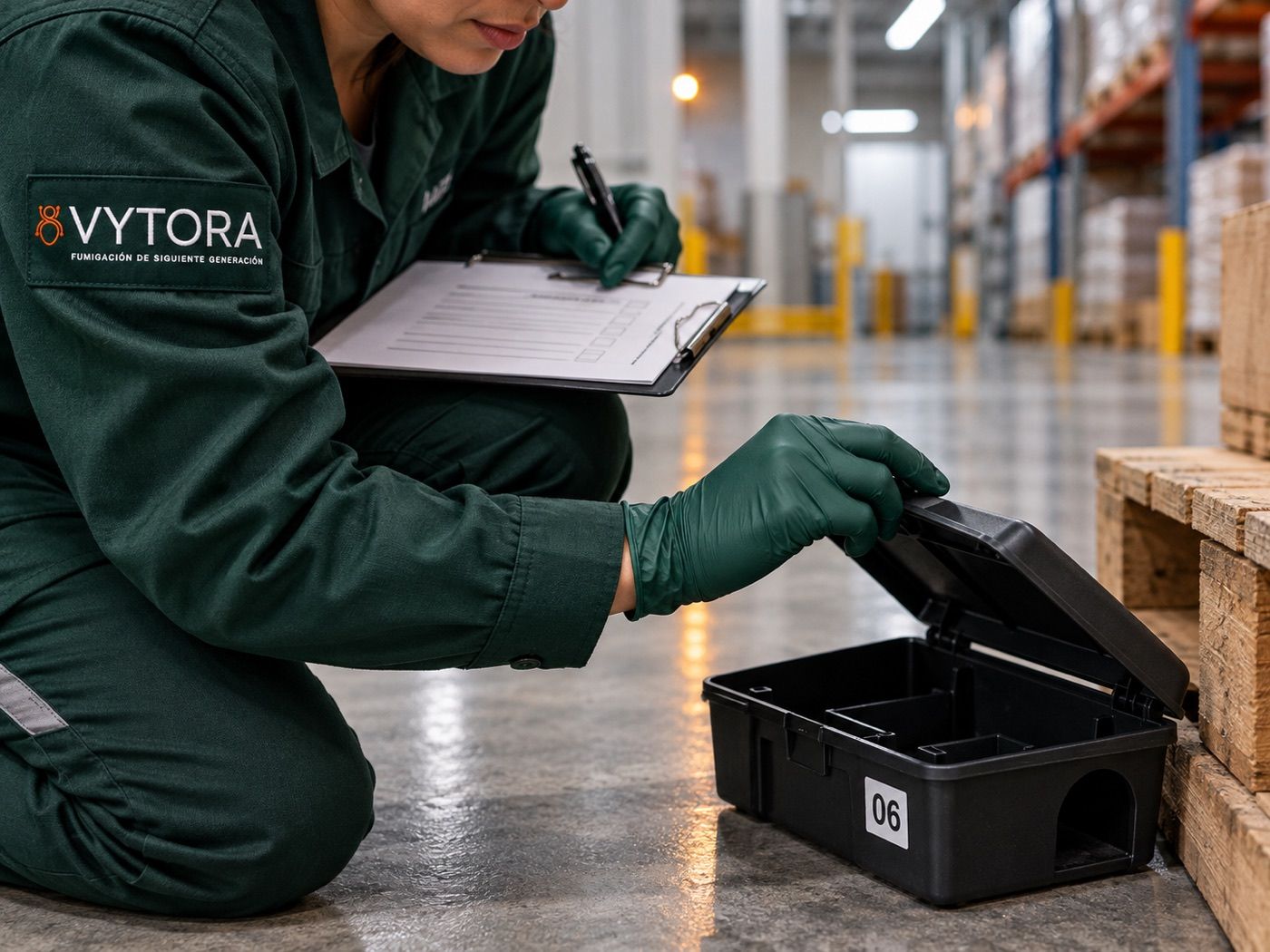 Técnica de Vytora revisando por dentro la estación de control 06 y anotándolo en su checklist